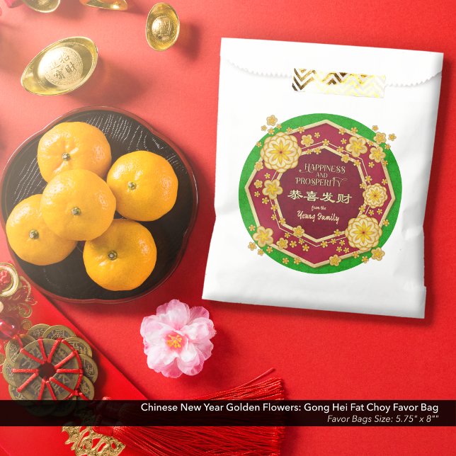 Chinese New Year Golden Flowers: Gong Hei Fat Choy Favor Bag (Chinese New Year Golden Flowers Favor Bag: Gong Hei Fat Choy, with Spring Green Background.)