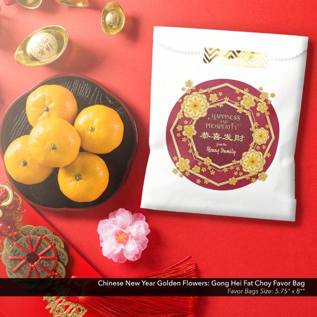 Chinese New Year Golden Flowers: Gong Hei Fat Choy Favor Bag (Chinese New Year Golden Flowers Favor Bag: Gong Hei Fat Choy, with Red Background.)