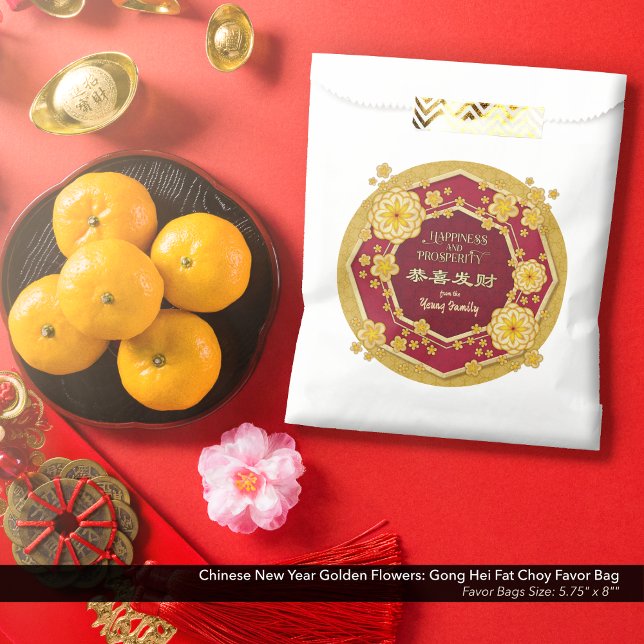 Chinese New Year Golden Flowers: Gong Hei Fat Choy Favor Bag (Chinese New Year Golden Flowers Favor Bag: Gong Hei Fat Choy, with Yellow Gold Background.)