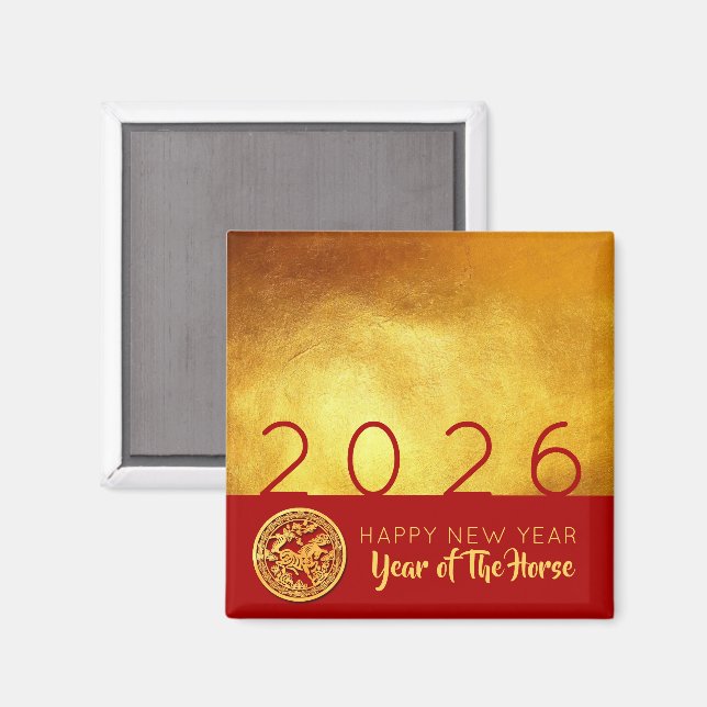 Chinese New Year Horse 2026 Red Gold SqM Magnet (Front/Back)