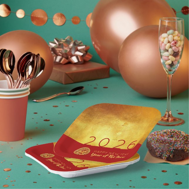 Chinese New Year Horse 2026 Red Gold SqPP Paper Plates (Multi)