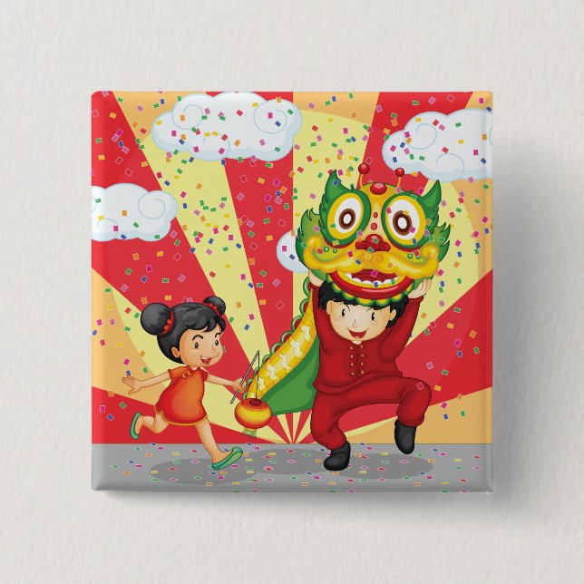Chinese New Year Kids Lion Dance and Lantern Button (Front)
