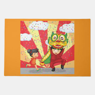 Chinese New Year Kids Lion Dance and Lantern Doormat