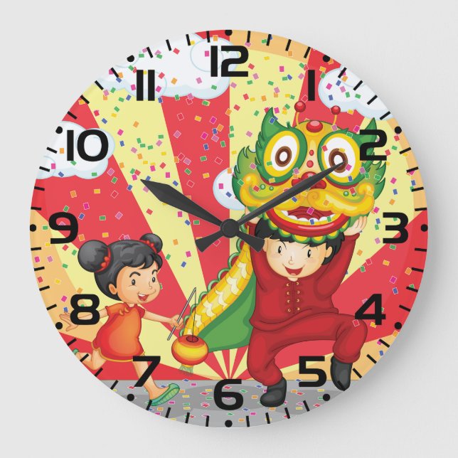 Chinese New Year Kids Lion Dance and Lantern Large Clock (Front)