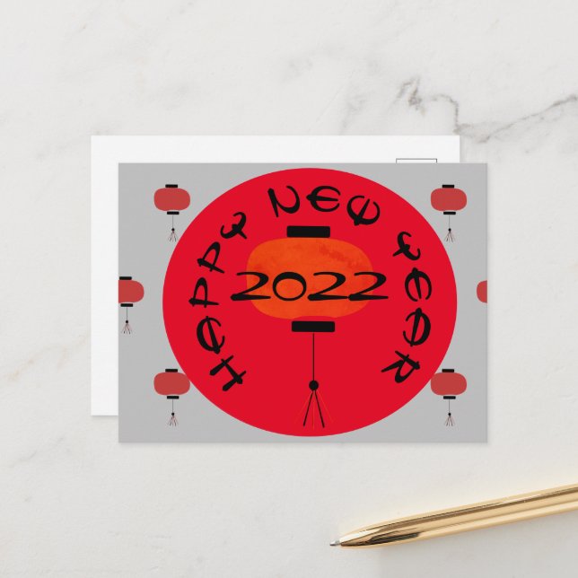 Chinese New Year Lantern Red Gray Postcard (Front/Back In Situ)