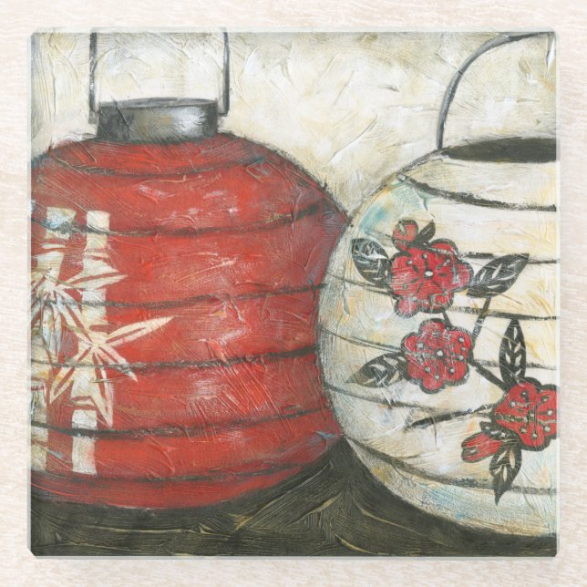 Chinese New Year Lanterns with Floral Print Glass Coaster (Front)