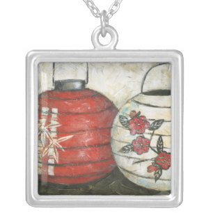 Chinese New Year Lanterns with Floral Print Silver Plated Necklace