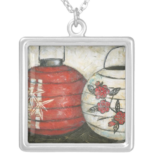 Chinese New Year Lanterns with Floral Print Silver Plated Necklace (Front)