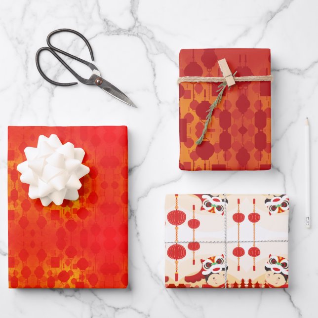 Chinese New Year Lion Dance Lanterns W3PS Wrapping Paper Sheets (Front)