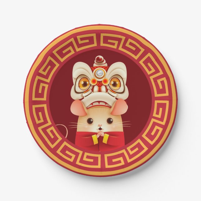 Chinese New Year Lion Dancer Rat Paper Plates (Front)