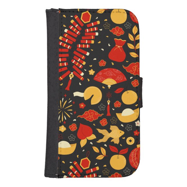 Chinese New Year Lucky Symbols Black & Red Samsung Galaxy Wallet Case (Front)