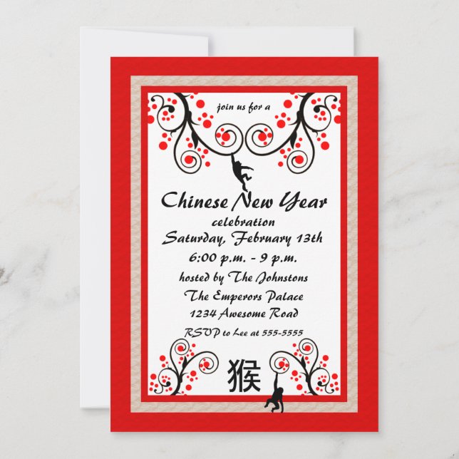 Chinese New Year Monkey and Tree Invitation (Back)