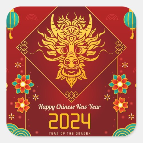 Chinese New Year Of Dragon Auspicious Cloud Red Square Sticker