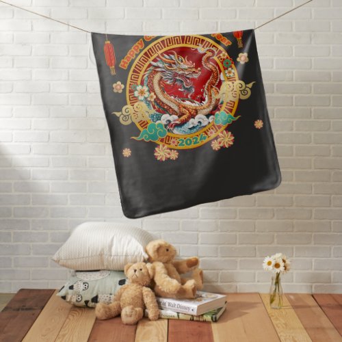 Chinese New Year of Dragon Floral Blue Gold Baby Blanket