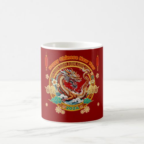 Chinese New Year of Dragon Floral Blue Gold Red  Coffee Mug