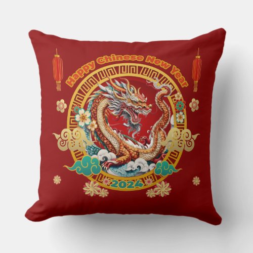 Chinese New Year of Dragon Floral Blue Gold Red  Throw Pillow