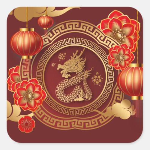 Chinese New Year of Dragon Floral Gold Red  Square Sticker