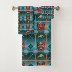 Chinese New Year of Ox - Green Check Pattern Bath Towel Set