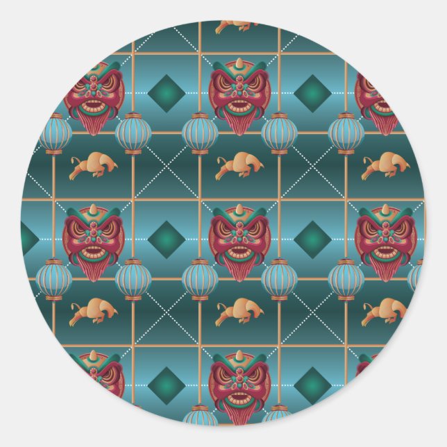 Chinese New Year of Ox - Green Check Pattern Classic Round Sticker (Front)