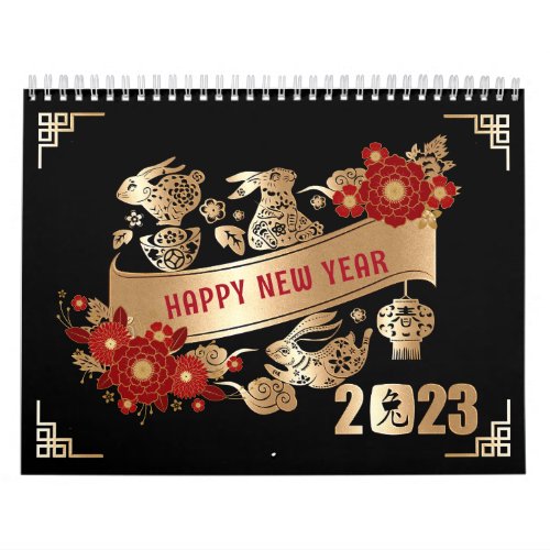 Chinese New Year of Rabbit 2023 Black Gold Floral Calendar