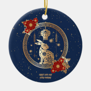 Chinese New Year of Rabbit 2023 Blue Gold Floral Ceramic Ornament