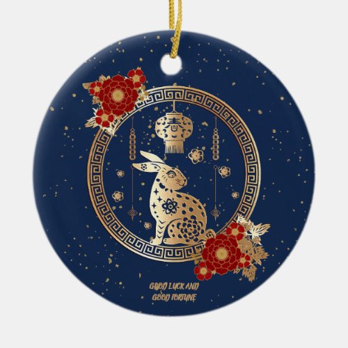 Chinese New Year of Rabbit 2023 Blue Gold Floral Ceramic Ornament