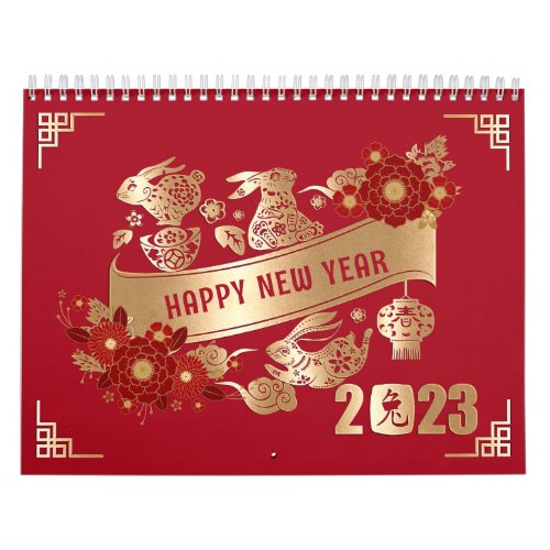 Chinese New Year of Rabbit 2023 Red Gold Floral Calendar