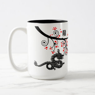 Chinese New Year of the Dragon and Red Blossoms Two-Tone Coffee Mug