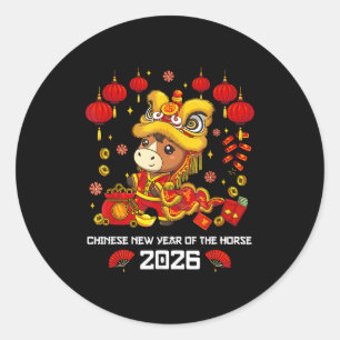 Chinese New Year Of The Horse 2026 Cute Lion Dance Classic Round Sticker