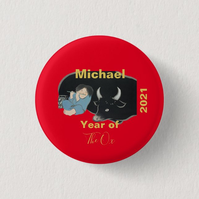 Chinese New Year of the Ox  2021 Red Personalized Button (Front)