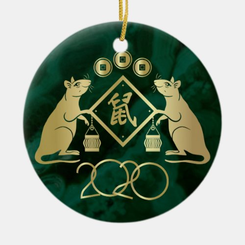 Chinese New Year of the Rat _ Malachite and Gold Ceramic Ornament