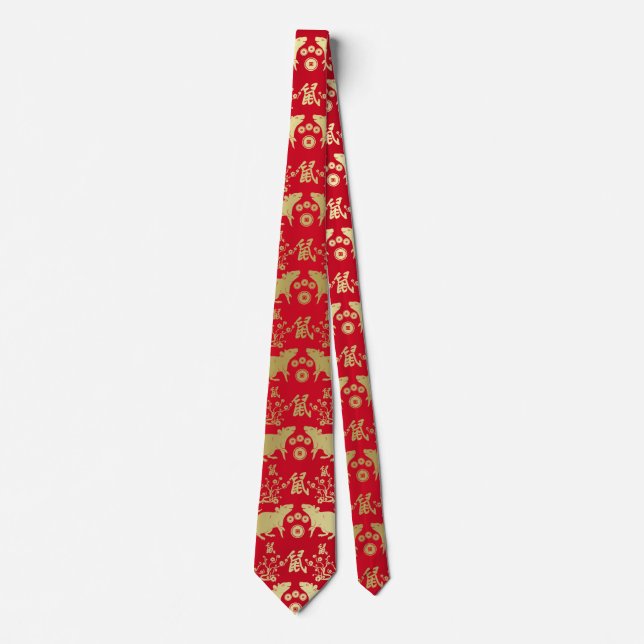 Chinese New Year of The Rat Pattern - Red and Gold Neck Tie (Front)