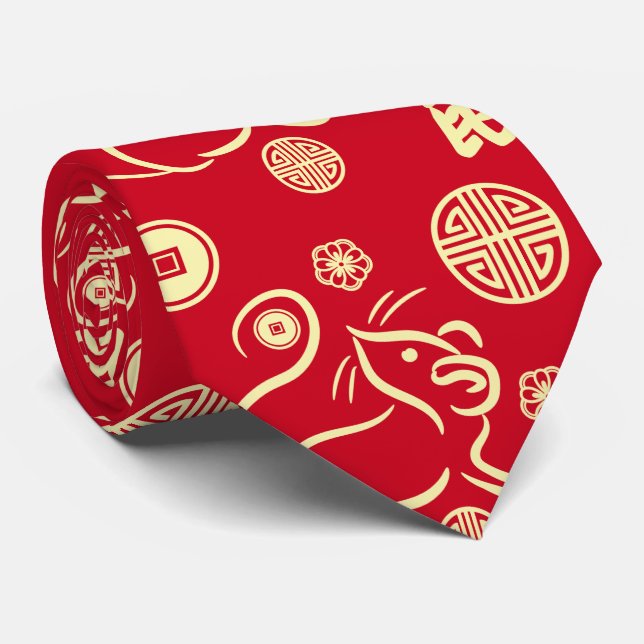Chinese New Year of The Rat Pattern - Red and Gold Neck Tie (Rolled)