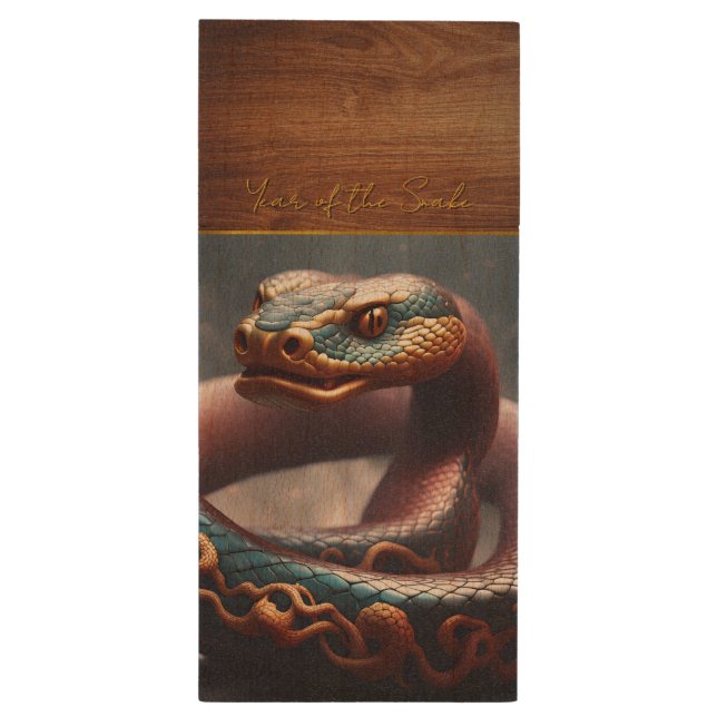 Chinese New Year of the Snake 2025 Monogram 2 USB Wood Flash Drive (Back (Vertical))