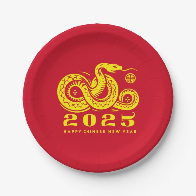 Chinese New Year of the Snake Traditional Red 2025 Paper Plates (Front)