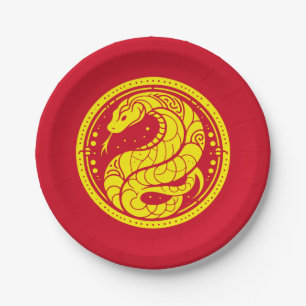 Chinese New Year of the Snake Traditional Red Gold Paper Plates