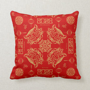 Chinese New Year of Tiger Gold Ornaments Red Throw Pillow
