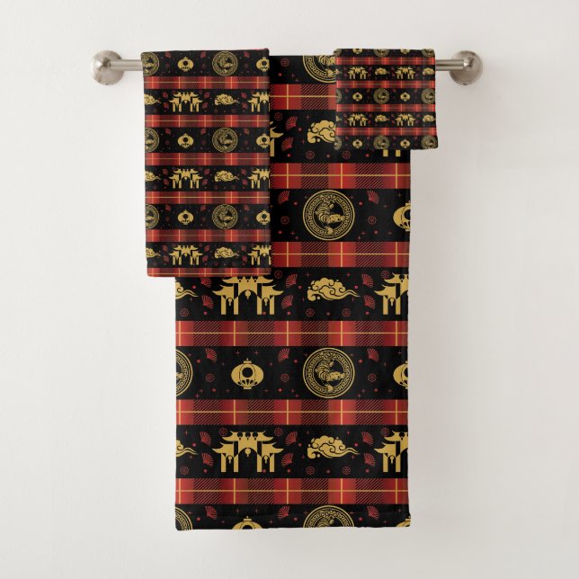 Chinese New Year of Tiger Red Check Pattern Bath Towel Set (Insitu)