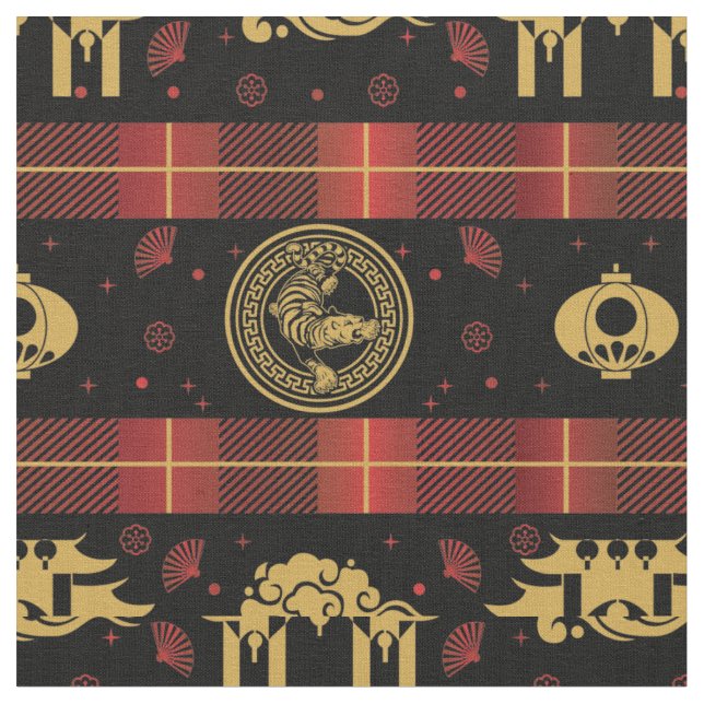 Chinese New Year of Tiger Red Check Pattern Fabric (Close Up)