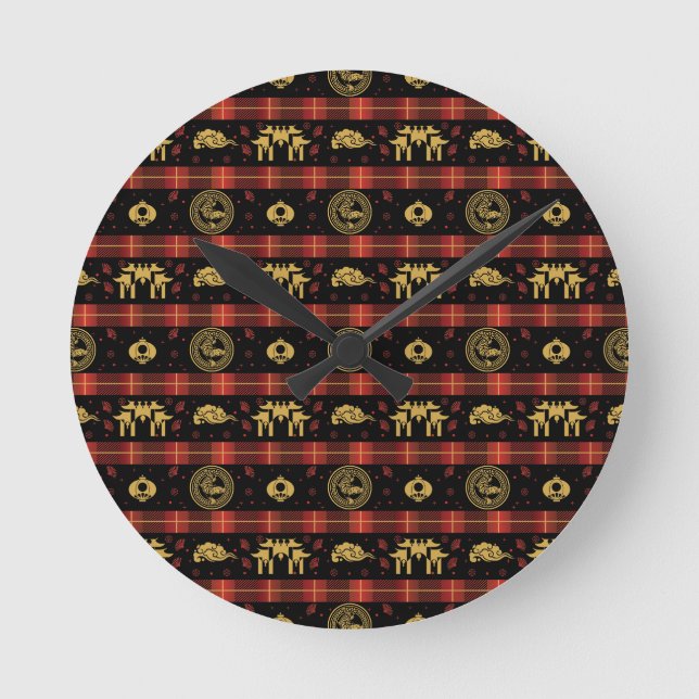 Chinese New Year of Tiger Red Check Pattern Round Clock (Front)