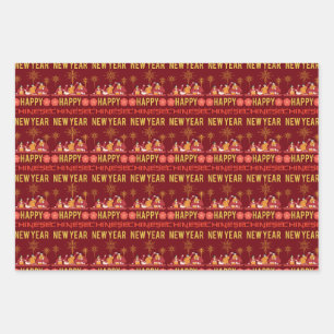 Chinese new year oriental luxury red gold lunar wrapping paper sheets