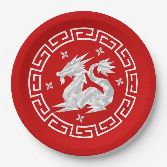 Chinese New Year Origami Dragon & Stars Paper Plates (Front)