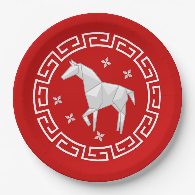 Chinese New Year Origami Horse & Stars Paper Plates (Front)
