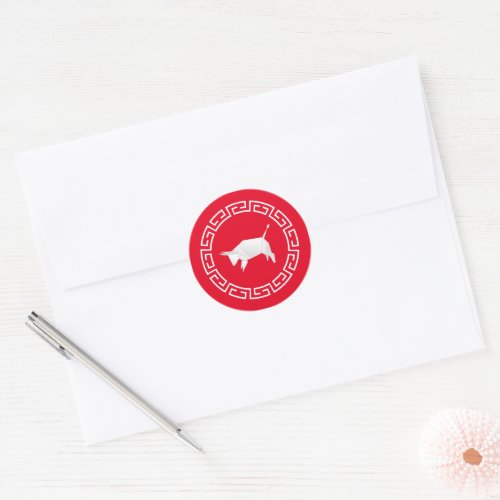 Chinese New Year Origami Ox red Classic Round Sticker