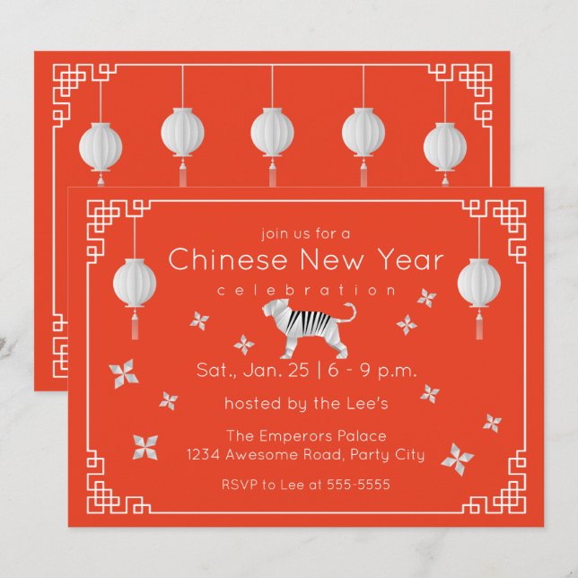 Chinese New Year Origami Tiger, orange Invitation (Front/Back)
