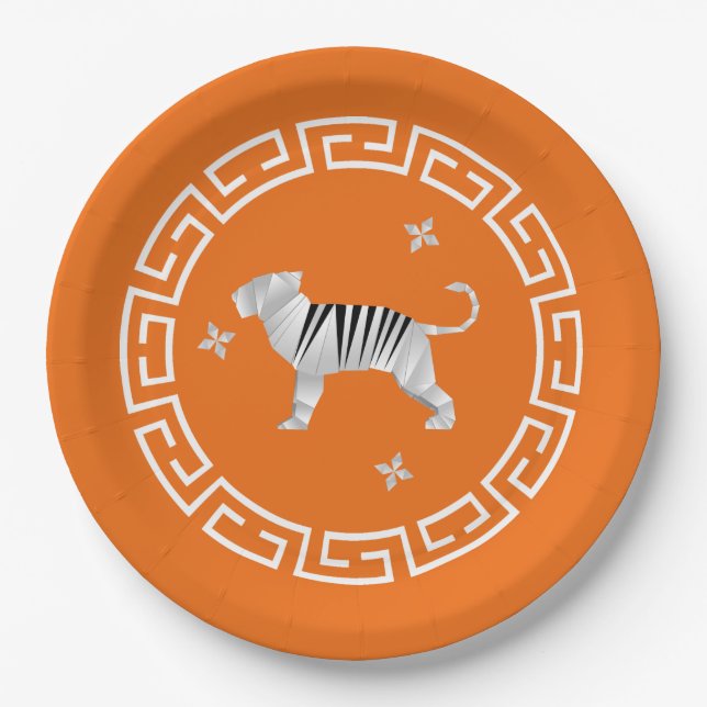 Chinese New Year Origami Tiger & Stars Paper Plates (Front)
