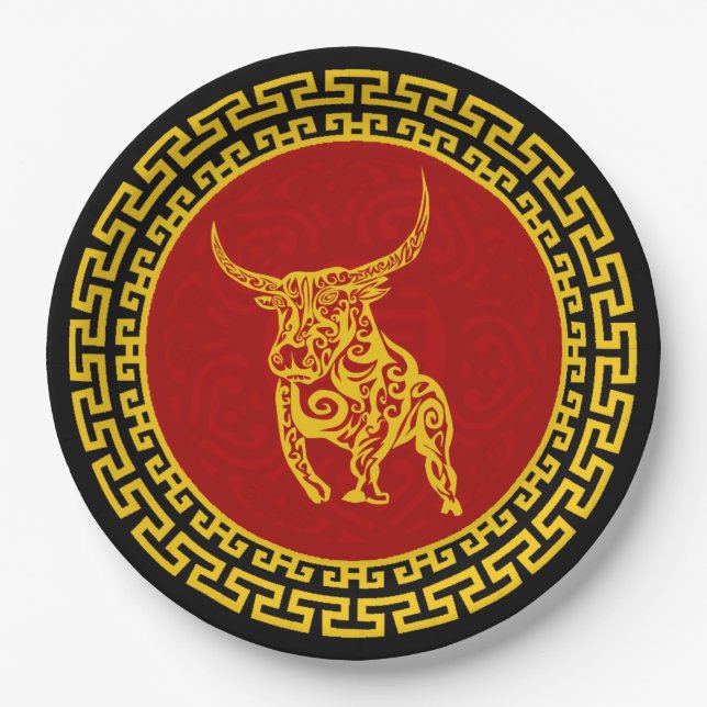 Chinese New Year Ox Ornament Paper Plates (Front)