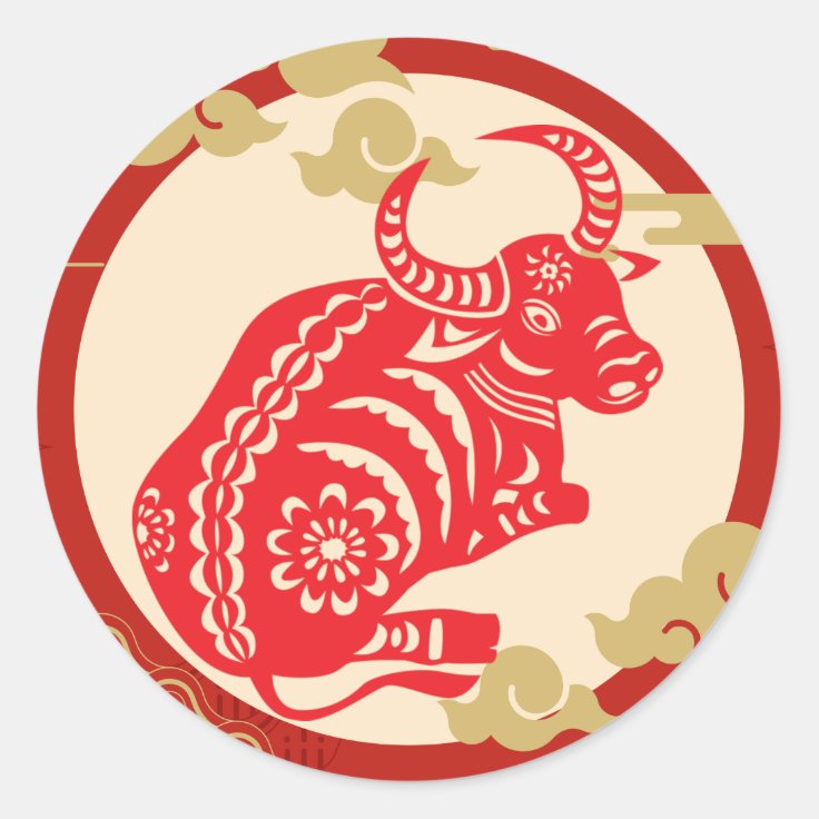 Chinese new year Ox Oxen cut out art Classic Round Sticker | Zazzle