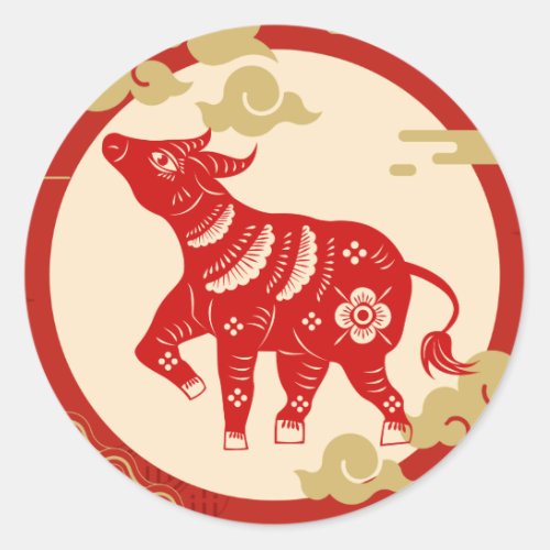 Chinese new year Ox Oxen cut out art Classic Round Sticker