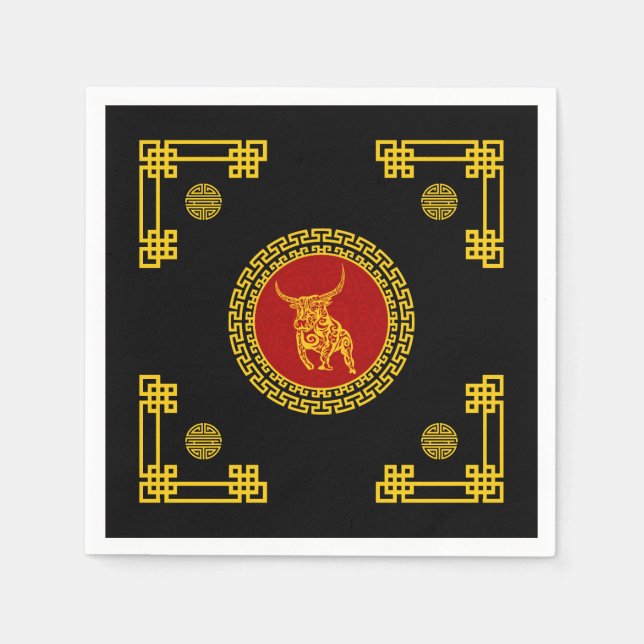 Chinese New Year Ox Red & Gold Ornament Napkins (Front)